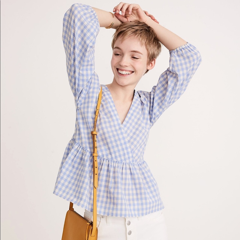 Madewell Bubble-Sleeve Peplum Top in Gingham Check